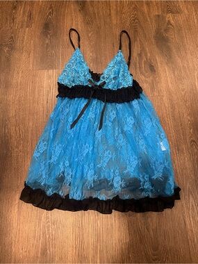 Blue Lace Babydoll Chemise with Black Trim - Women's Intimates